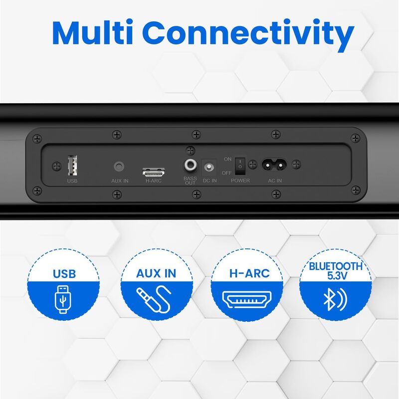 Portronics Pure Sound 106 – 120W 2.1 Home Theatre Soundbar delivers rich sound, powerful bass, stylish design, and versatile connectivity options.