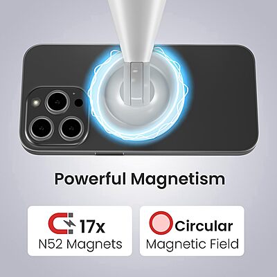 Portronics Mogun 5 – MagSafe Desk Phone Holder, White. Stylish and functional, it securely holds your phone while charging. Perfect for home or office use, keeping your workspace organized and tidy.