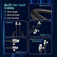 Portronics Konnect 4-in-1 Cable – Fast Charge, Black. Versatile charging solution with multiple connectors for various devices. Durable design ensures longevity and efficient power delivery.