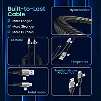 Portronics Konnect 4-in-1 Cable – Fast Charge, Black. Versatile charging solution with multiple connectors for various devices. Durable design ensures longevity and efficient power delivery.