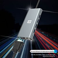 Portronics Mport 11C – 11-in-1 USB-C Hub, featuring 4K HDMI output, Power Delivery, multiple USB ports, SD card reader, and Ethernet, perfect for expanding your device connectivity.