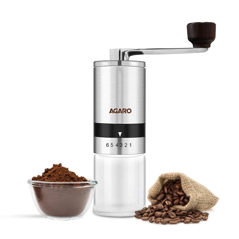 AGARO Elite Manual Coffee Grinder, Ceramic Grinder with Glass jar, 6 Adjustable Settings, Stainless Steel Body