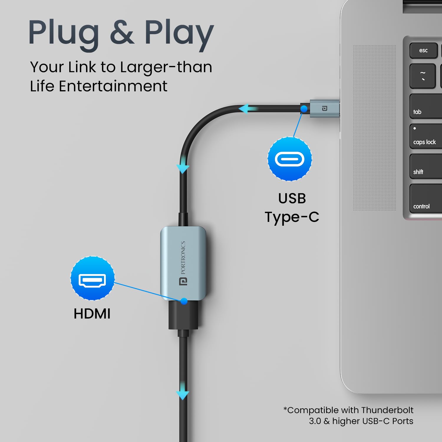 Portronics Mport X – Type-C to HDMI Adapter, 4K @ 60Hz, connects Type-C devices to HDMI displays, ensuring stunning visuals.