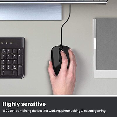 Portronics Toad 26: Wired Mouse featuring 1500 DPI for precision and a smooth scroll wheel for easy navigation. Ideal for work and gaming, it combines comfort with functionality in a sleek design.