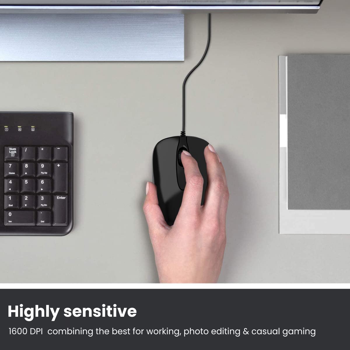 Portronics Toad 26: Wired Mouse featuring 1500 DPI for precision and a smooth scroll wheel for easy navigation. Ideal for work and gaming, it combines comfort with functionality in a sleek design.