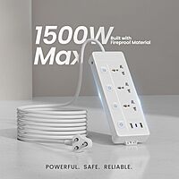 Lapcare LAPEX‑303 Surge‑protected extension board: 3 universal sockets, 3 USB ports (2.1 A), LED switch & mobile phone stand—safe charging.