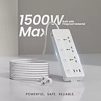 Lapcare LAPEX‑303 Surge‑protected extension board: 3 universal sockets, 3 USB ports (2.1 A), LED switch & mobile phone stand—safe charging.