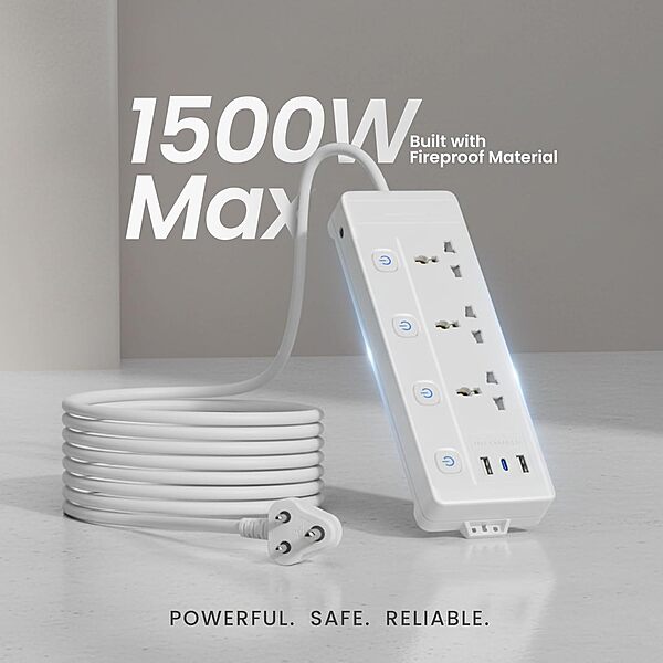 Lapcare LAPEX‑303 Surge‑protected extension board: 3 universal sockets, 3 USB ports (2.1 A), LED switch & mobile phone stand—safe charging.