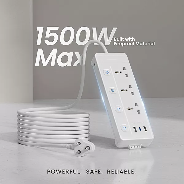 Lapcare LAPEX‑303 Surge‑protected extension board: 3 universal sockets, 3 USB ports (2.1 A), LED switch & mobile phone stand—safe charging.