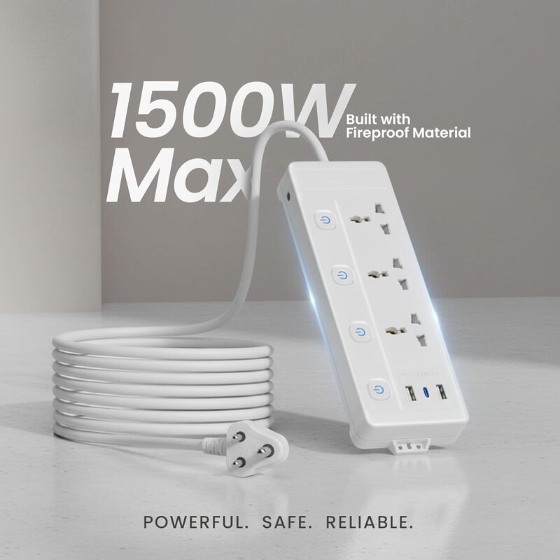 Lapcare LAPEX‑303 Surge‑protected extension board: 3 universal sockets, 3 USB ports (2.1 A), LED switch & mobile phone stand—safe charging.