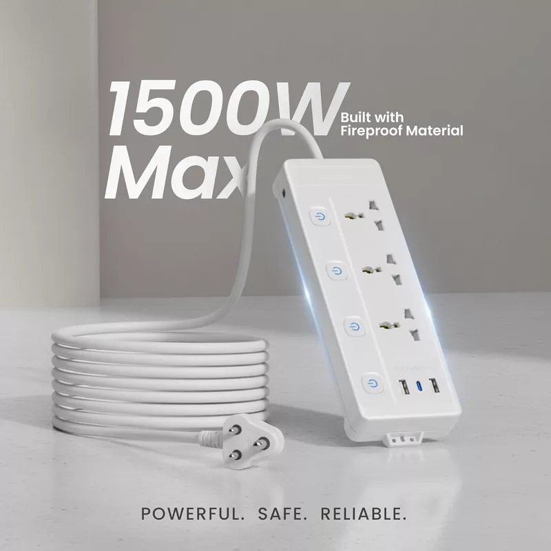 Lapcare LAPEX‑303 Surge‑protected extension board: 3 universal sockets, 3 USB ports (2.1 A), LED switch & mobile phone stand—safe charging.