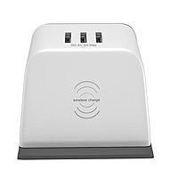 Lapcare RUFUEL LWC‑321: 3 universal AC sockets, 3 USB ports (4.8 A), built-in 10 W wireless charging pad, spike protection & mobile stand.