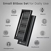 Portronics Bit Box – 24-in-1 Screwdriver Kit Black is a versatile toolset featuring 24 interchangeable bits, a durable handle, and a compact design, perfect for home repairs and DIY projects.