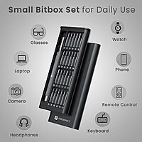 Portronics Bit Box – 24-in-1 Screwdriver Kit Black is a versatile toolset featuring 24 interchangeable bits, a durable handle, and a compact design, perfect for home repairs and DIY projects.