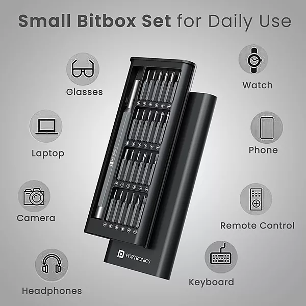 Portronics Bit Box – 24-in-1 Screwdriver Kit Black is a versatile toolset featuring 24 interchangeable bits, a durable handle, and a compact design, perfect for home repairs and DIY projects.