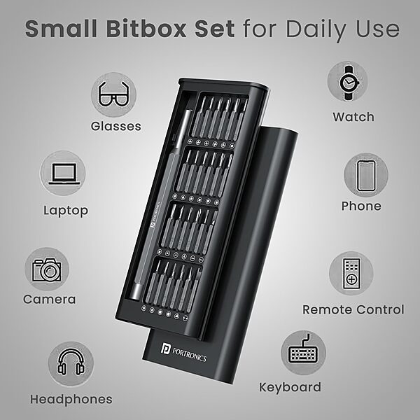 Portronics Bit Box – 24-in-1 Screwdriver Kit Black is a versatile toolset featuring 24 interchangeable bits, a durable handle, and a compact design, perfect for home repairs and DIY projects.