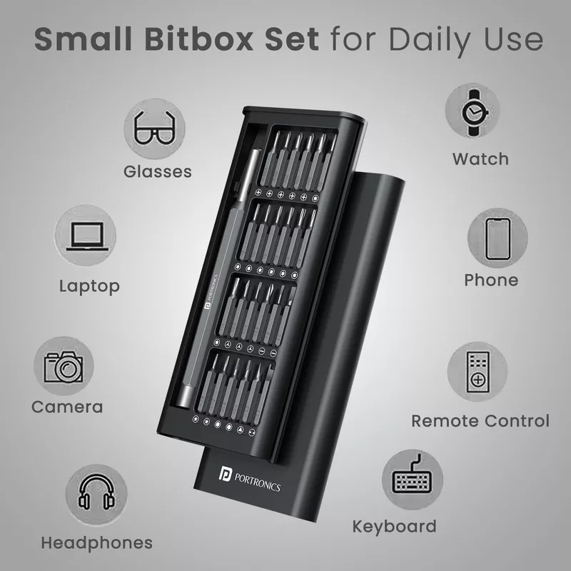 Portronics Bit Box – 24-in-1 Screwdriver Kit Black is a versatile toolset featuring 24 interchangeable bits, a durable handle, and a compact design, perfect for home repairs and DIY projects.
