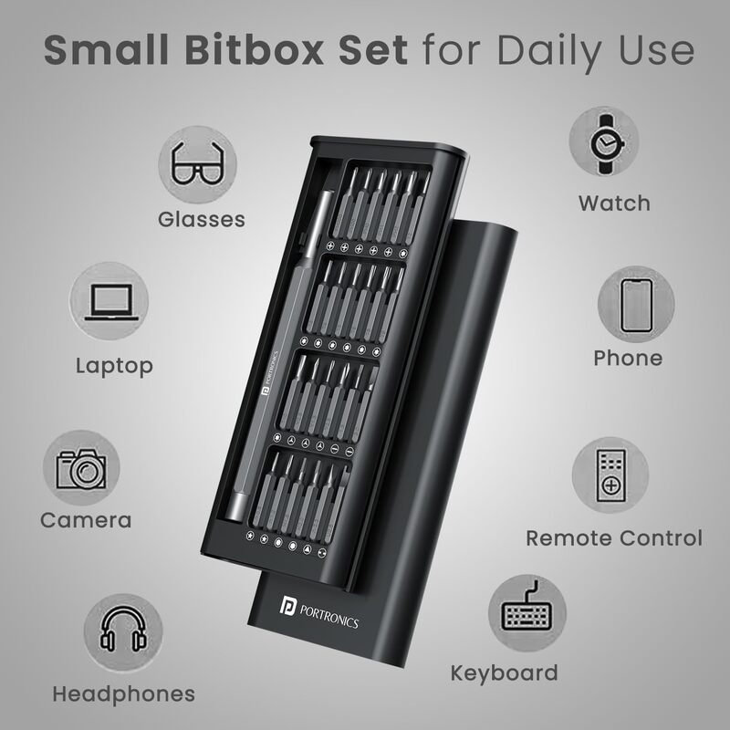 Portronics Bit Box – 24-in-1 Screwdriver Kit Black is a versatile toolset featuring 24 interchangeable bits, a durable handle, and a compact design, perfect for home repairs and DIY projects.