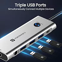 Portronics Mport One – 9-in-1 USB-C Hub features 4K HDMI, USB 3.0 ports, SD card reader, and more. Perfect for expanding connectivity for laptops and devices. Compact and portable design.