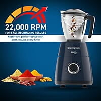 Crompton Ameo PRO 750-Watt 3 Jars Mixer Grinder with MaxiGrind and Motor Vent-X Technology (3 Stainless Steel Jars, Black & Blue)