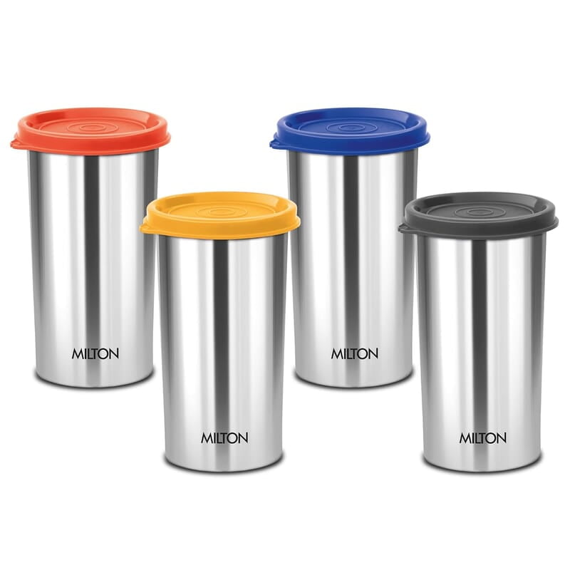 MILTON Stainless Steel Tumbler with Lid Set of 4, 415 ml Each, Assorted (Lid Color May Vary)
