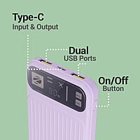 ZEBRONICS MB10000S13 Power Bank, 10000 mAh, Rapid Charge, 22.5W Output, Dual USB Output, PD 3.0 Type C, Built in Protections, Percentage Indicator, Made in India
