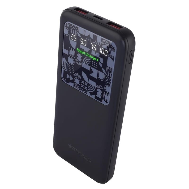 ZEBRONICS MB10000S15 Power Bank, 10000 mAh, Rapid Charge, 22.5W Output, Dual USB Output, PD 3.0 Type C, Built in Protections, Percentage Indicator
