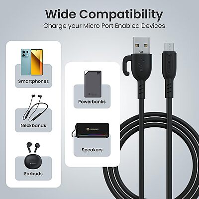 Portronics Konnect Core 3 – USB-A to Micro USB Cable, 1.5m, Durable, Fast Charging, Data Sync, Compatible with Smartphones, Tablets, Black