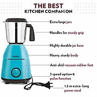 Borosil Best Mixer Grinder, 500 Watts, 3 Jars (1.5L Blending Jar, 1L Dry/Wet Grinding Jar, 400 ml Chutney Jar), Kitchen Mixie, 2 Years Warranty on Motor