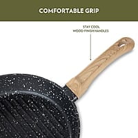 Borosil Vajra Die-Cast Non-Stick Aluminium Round Grill Fry Pan, Frying Pan with Ridges, Black with Wood-Finish Handles, 240 mm Wide, 5 mm Thick