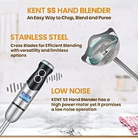 Kent Ss Hand Blender 450W | Variable Speed Control | Turbo Switch For Fast Blending | Detachable Shaft For Easy Cleaning | Hot & Cold Blending | Low Noise Dc Motor - Stainless Steel, 450 Watts, Silver