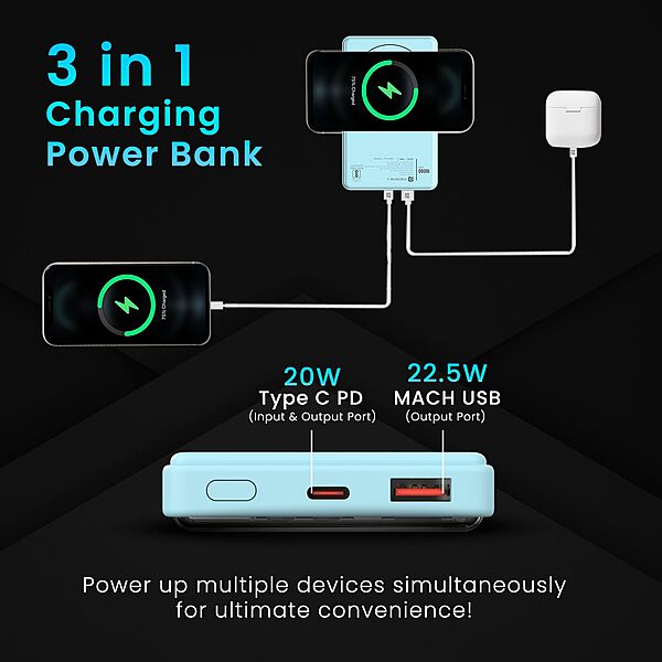 Portronics Mini 10K – Light Blue 15W Magnetic Power Bank offers a sleek design with 10,000mAh capacity, fast charging, and magnetic attachment for convenience. Perfect for on-the-go charging!