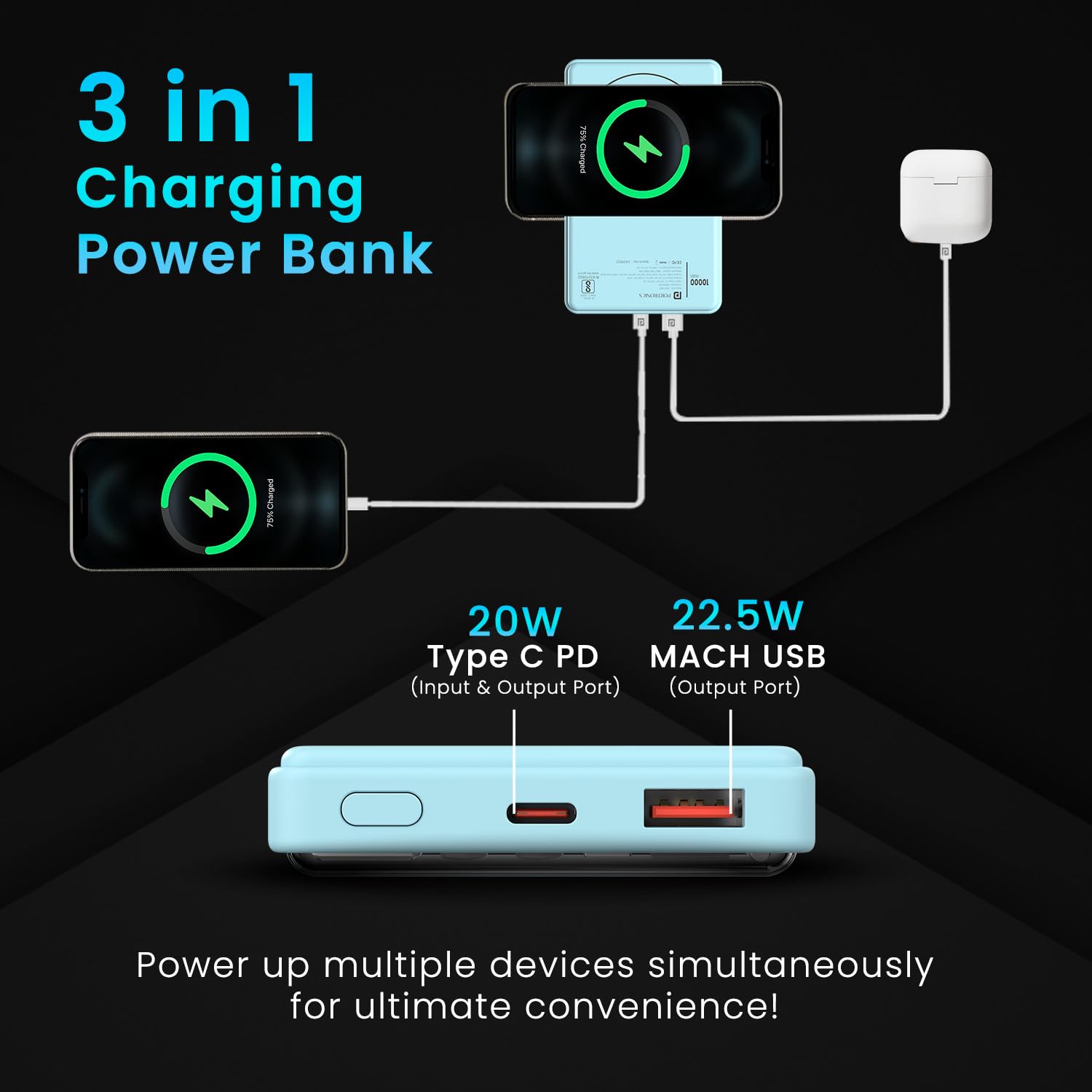 Portronics Mini 10K – Light Blue 15W Magnetic Power Bank offers a sleek design with 10,000mAh capacity, fast charging, and magnetic attachment for convenience. Perfect for on-the-go charging!