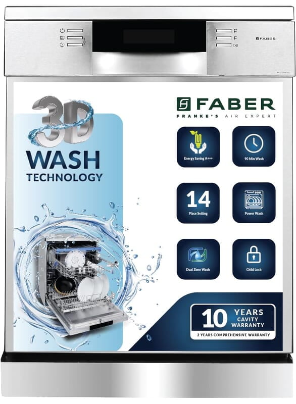 Faber 14 Place Settings Dishwasher ( FFSD 8PR 14S, Silver, Power 3D Wash for Tough Stains, Silent operation