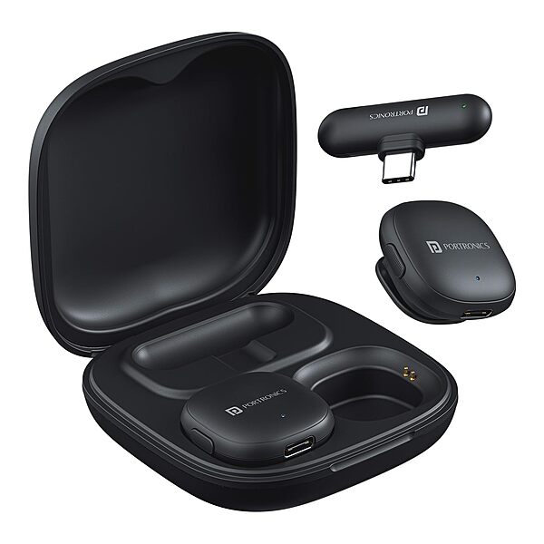 Portronics Vlogmate One is a compact AI lapel mic designed for content creators. It comes with a protective case, ensuring portability and convenience for high-quality audio recording on the go.