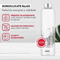 Borosil Artisan Series Roma 1000 ml Narrow Mouth Glass Bottle with Metal Lid | 100% Borosilicate, Fridge Safe, Leakproof, Easy to Carry | Store Water, Lassi, Juice, Smoothies | Dishwasher Safe