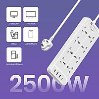 Portronics Power Plate 23 Extension Board – 8 Sockets, USB & 20W Type-C PD, White