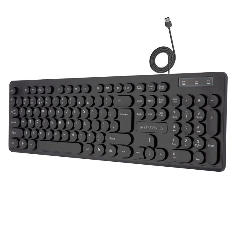 Zebronics K24 Wired Keyboard – 104 Keys, USB, Ergonomic Design, Multimedia Keys, Durable Build, Plug and Play, Ideal for Home and Office Use, Comfortable Typing Experience, Sleek Black Finish.