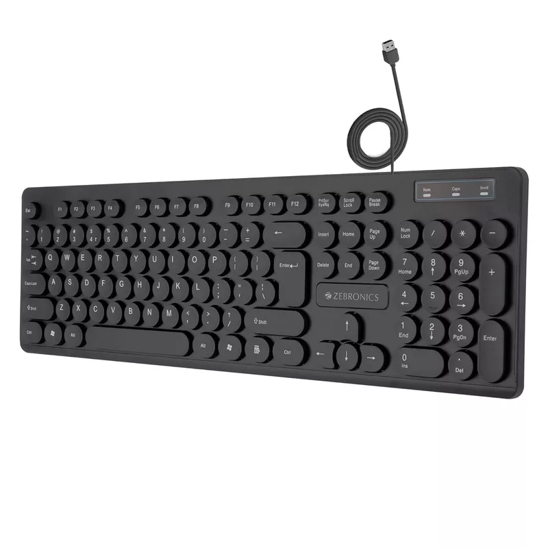 Zebronics K24 Wired Keyboard – 104 Keys, USB, Ergonomic Design, Multimedia Keys, Durable Build, Plug and Play, Ideal for Home and Office Use, Comfortable Typing Experience, Sleek Black Finish.
