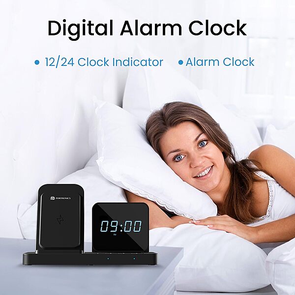 Portronics Bella – 15W 3-in-1 Wireless Charger for Apple Devices, designed for seamless charging of iPhone, AirPods, and Apple Watch. Compact, stylish, and efficient for your tech needs.