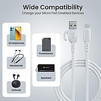 Portronics Konnect Core 3 – USB-A to Micro USB Cable, 1.5m, Durable, Fast Charging, Data Sync, Compatible with Smartphones, Tablets, White, Ideal for Home and Office Use.