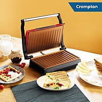Crompton QuickServe 2 Slice Panini Maker with Floating Hinges 700W Sandwich Maker Golden Food Grade Non-Stick Coating Plates Sandwich Maker