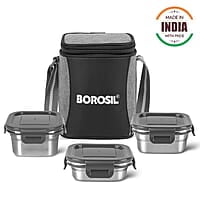Borosil Feast Stainless Steel Lunch Box with Bag | Set of 3 (520 ml x 1 + 400 ml x 1 + 250 ml x 1), Square