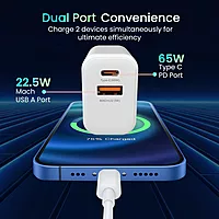 Portronics Adapto 65X 65W GaN Dual Port PD Charger with 100W Type-C Cable | White