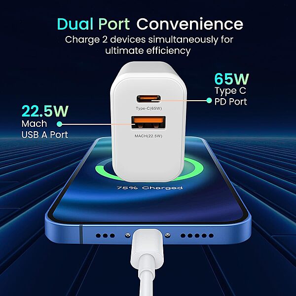 Portronics Adapto 65X 65W GaN Charger – 1 MACH Port, 1 PD Port, 2M USB-C Cable