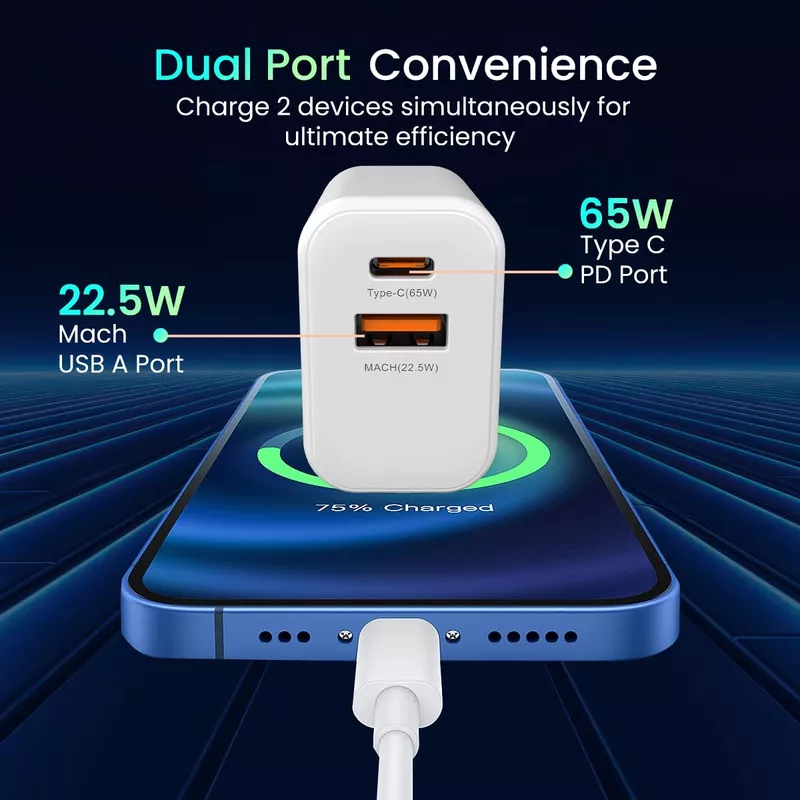Portronics Adapto 65X 65W GaN Charger – 1 MACH Port, 1 PD Port, 2M USB-C Cable