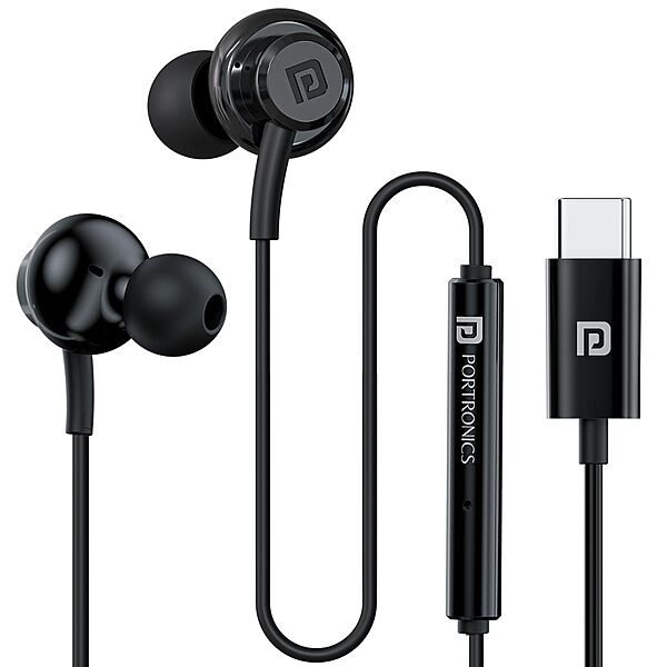 Portronics Gamma C In-Ear Magnetic Earbuds – On/Off/Volume Switch | TPE Cable | Type-C | Black