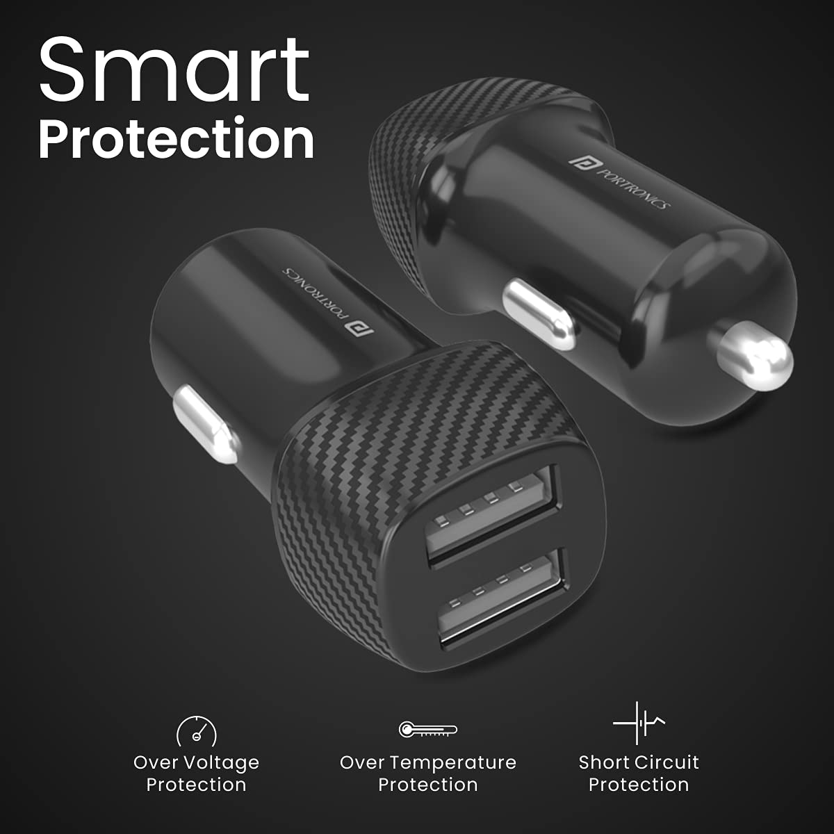Portronics Car Power 5 12W Fast Car Charger with Micro USB Cable | Compact Car Charging | Black