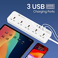 Portronics Power Plate 22 – 5 Sockets, 4 USB Ports, 20W PD Fast Charging, 3m Long Cord, Surge Protection, Compact Design, Ideal for Home/Office, Overload Protection, Easy to Use.