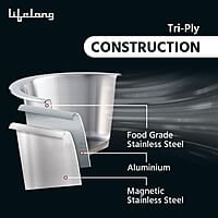 Lifelong LLTPDK005 Triply Deep Kadai with Riveted Handles with Stainless Steel Lid 1.7 litres Capacity 20 cm
